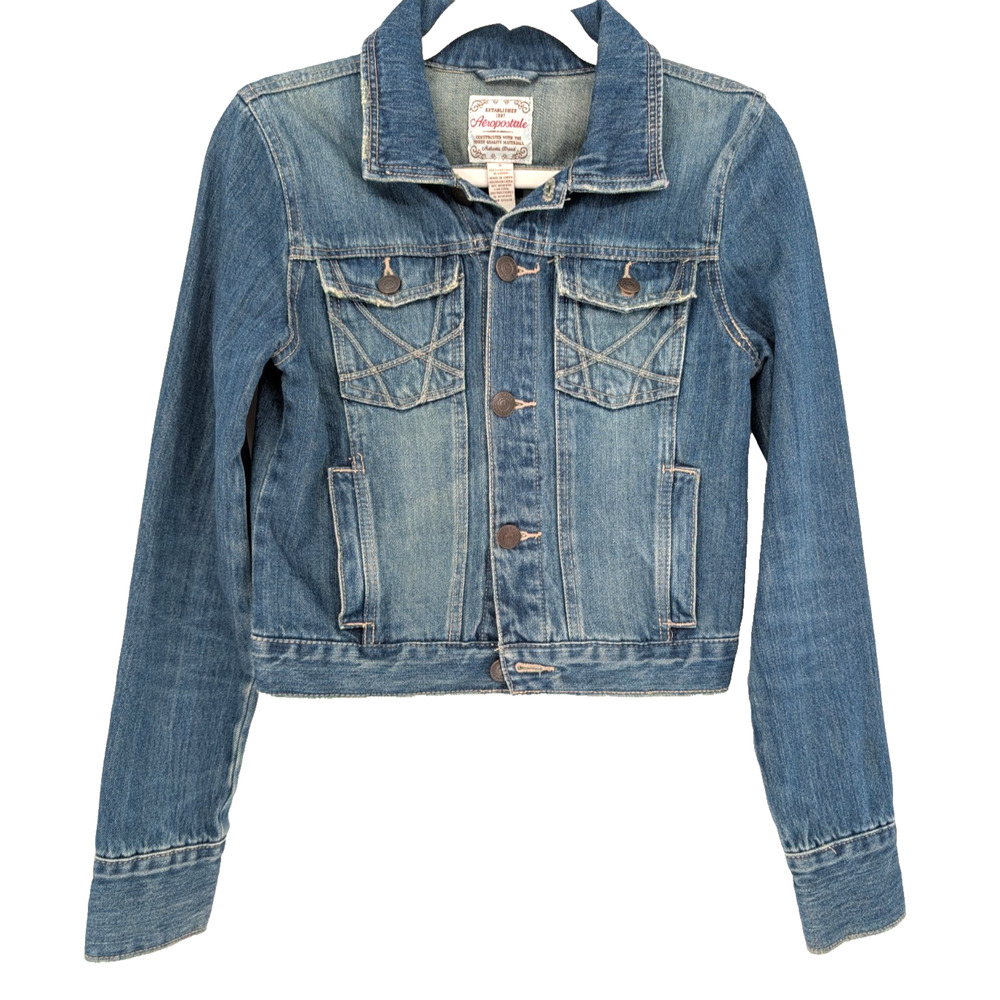 VTG Y2K Aeropostale Womens Blue Cropped Denim Classic Trucker Western Jacket SML